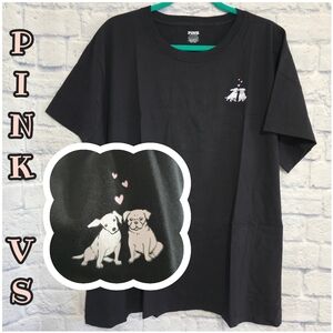 PINK Victoria's Secret Puppy Dog Hearts Crew Neck Black Campus Tee Shirt New XL